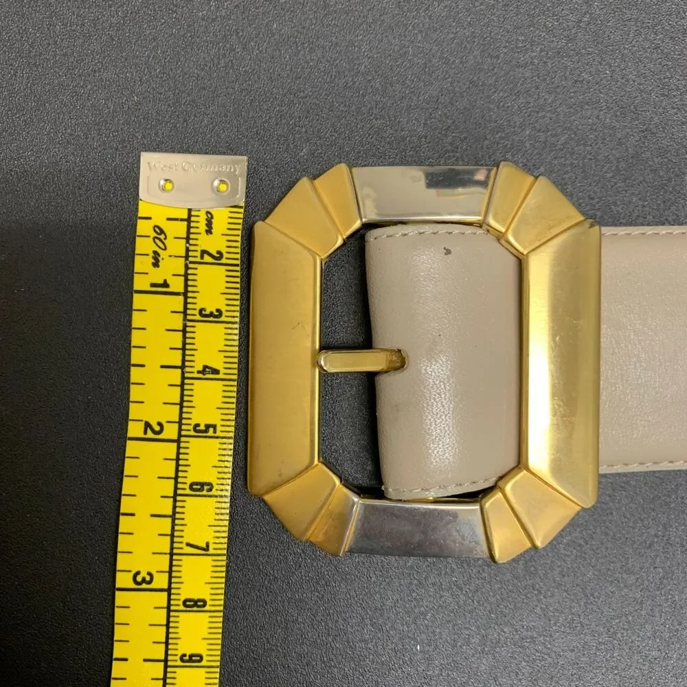 Vintage Retro Cream Leather Art Deco‎ Belt Gold Silver Buckle Art to Wear Medium